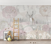 Whimsical woodland wall mural featuring a deer, fox, and rabbits in a pastel forest scene, styled in a modern kids’ room with cozy decor.