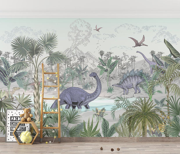 Jungle dinosaur wall mural and wallpaper featuring Stegosaurus, Brontosaurus, lush jungle plants and volcanoes; styled in a playful kid's room.