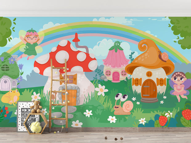 Whimsical Fairyland Wall Mural featuring mushroom houses, fairies, rainbows, and forest creatures – perfect for kids' rooms and nurseries.