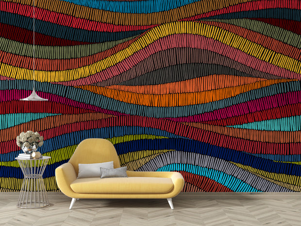 Colorful waves wall mural featuring colorful hand-drawn patterns in red, blue, yellow, and orange, perfect for modern home decor.