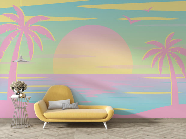 Pastel tropical sunset wall mural with pink palm trees, a yellow sun and a serene beach scene in soft pastel tones.