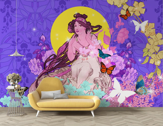 Whimsical wall mural with a muse surrounded by butterflies, vibrant florals, and a yellow moon against a purple background; decorating a living room.