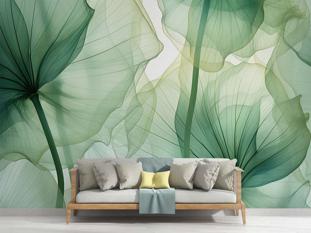 Ethereal Green Leaf Wall Mural – Nature-Inspired Botanical Wallpaper with Soft Translucent Leaves in Calming Green Hues.