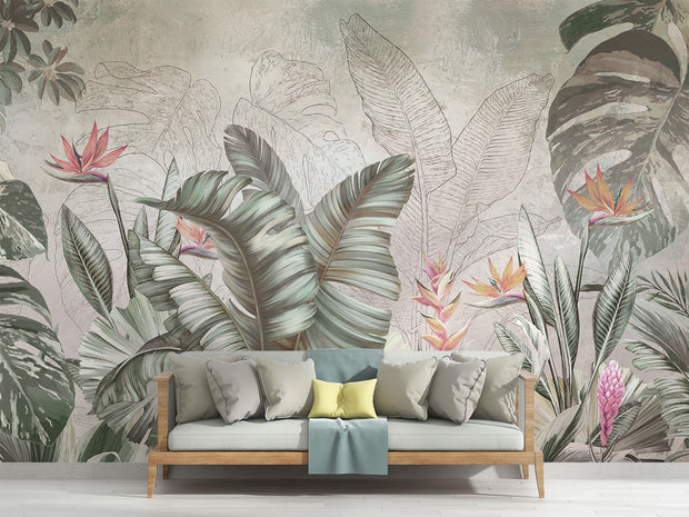 Elegant tropical wall mural with monstera leaves and birds of paradise flowers in sage green and coral, styled in modern living room.