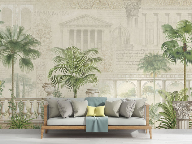 Elegant classical architecture and tropical palm wall mural featuring Roman-style columns, domes, and lush greenery in a vintage aesthetic.