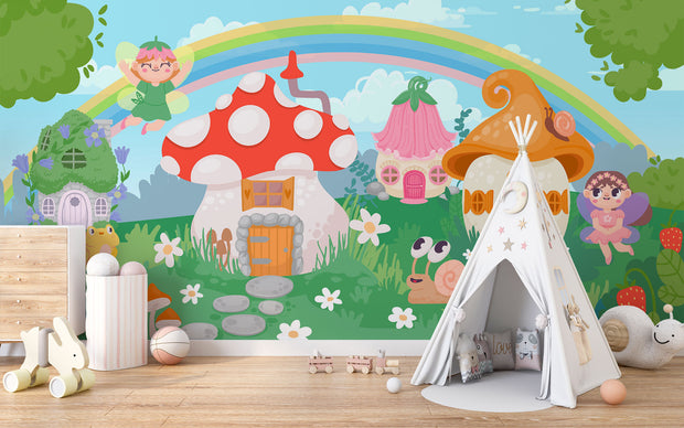 Whimsical Fairyland Wall Mural featuring mushroom houses, fairies, rainbows, and forest creatures – perfect for kids' rooms and nurseries.