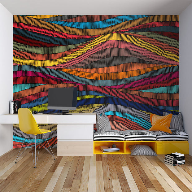 Colorful waves wall mural featuring colorful hand-drawn patterns in red, blue, yellow, and orange, perfect for modern home decor.