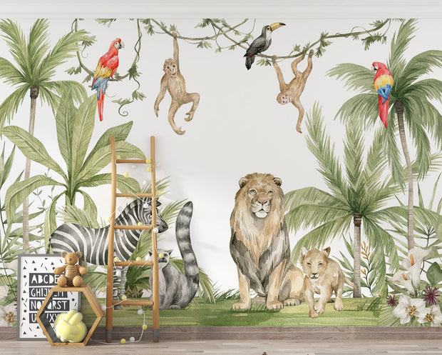 Safari Wildlife Wall Mural – Watercolor mural with lions, zebras, monkeys, and parrots in a tropical landscape, ideal for kids' rooms and nurseries.