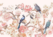 Elegant Chinoiserie wall mural featuring delicate birds, magnolia blossoms, and peonies in soft pastel hues.