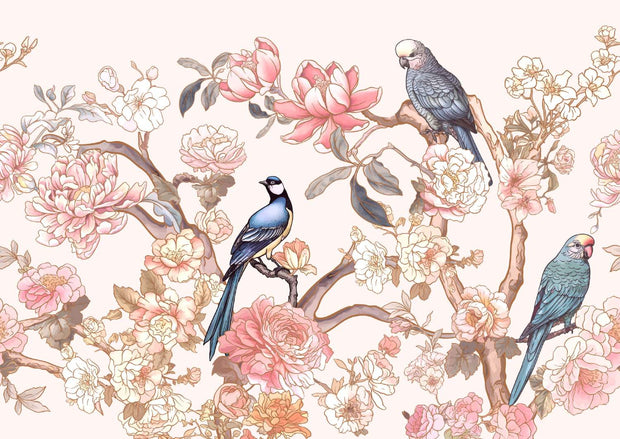 Elegant Chinoiserie wall mural featuring delicate birds, magnolia blossoms, and peonies in soft pastel hues.