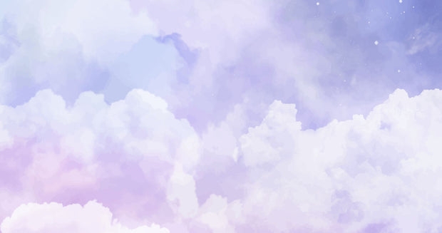 Dreamy cloud-themed wall mural with soft purple hues and fluffy white clouds.