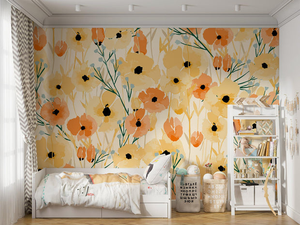 Bright poppy floral wall mural with bold yellow, orange, and green accents in a cozy bedroom with modern decor.