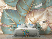 Teal and gold tropical leaf wall mural with oversized botanical patterns and fine-line detailing, perfect for modern, tropical, and boho-inspired interiors.