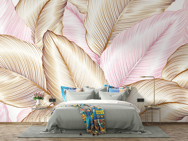 Blush and gold tropical leaf wall mural with oversized botanical patterns, featuring fine line details, perfect for modern, boho, and chic interior decor.