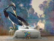 River Grace wall mural featuring a poised heron with rich blue feathers against a dreamy Impressionist river landscape in calming, painterly tones.