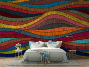 Colorful waves wall mural featuring colorful hand-drawn patterns in red, blue, yellow, and orange, perfect for modern home decor.