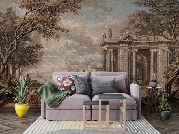 Classical Italian landscape wall mural featuring Renaissance architecture and figures in sepia tones, styled in modern living room.