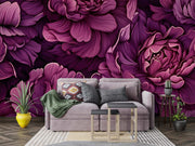 Bold Burgundy Peony Wall Mural – Luxurious Oversized Floral Wallpaper with Deep Plum, Purple, and Dark Background for Elegant Interiors.