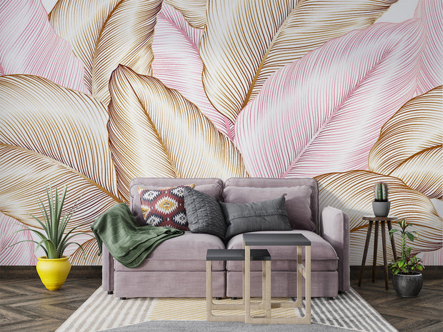 Blush and gold tropical leaf wall mural with oversized botanical patterns, featuring fine line details, perfect for modern, boho, and chic interior decor.