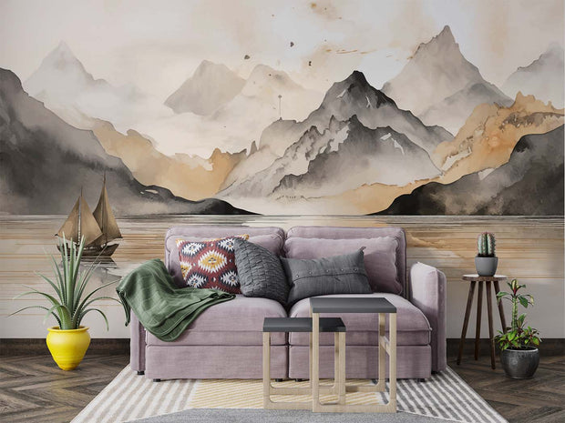 Watercolor Beige Mountain Wall Mural – Hand-Painted Landscape Wallpaper with Misty Peaks, a Sailing Boat, and Soft Earthy Tones for Elegant Interiors.