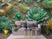 Luxury 3D Botanical Wall Mural – Realistic Succulent and Butterfly Wallpaper with Golden Accents for Elegant Modern Interiors.