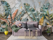 Luxury Tropical Leaf Wall Mural – 3D Botanical Wallpaper with Banana Leaves, Golden Accents, and Textured Background for Elegant Interiors.