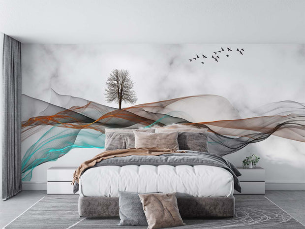 Abstract Flowing Waves Wall Mural – Modern Minimalist Landscape Wallpaper with Ethereal Fluid Waves, a Solitary Tree, and a Flock of Birds Over a Marble-Textured Background.