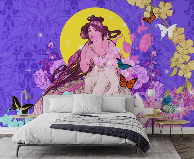 Whimsical wall mural with a muse surrounded by butterflies, vibrant florals, and a yellow moon against a purple background; decorating a bedroom.