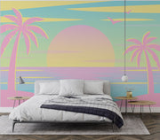 Pastel tropical sunset wall mural with pink palm trees, a yellow sun, and a serene beach scene in soft pastel tones.