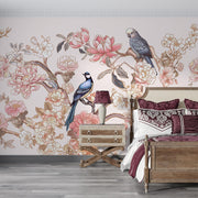 Elegant Chinoiserie wall mural featuring delicate birds, magnolia blossoms, and peonies in soft pastel hues, styled in a 
bedroom.