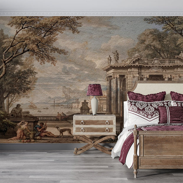 Classical Italian landscape wall mural featuring Renaissance architecture and figures in sepia tones, styled in a bedroom.