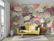 Desert bloom  wall mural with hand-drawn cacti, succulents, and rolling hills in pink, green, and cream tones, creating a bold and artistic bedroom backdrop.
