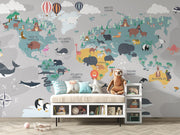 Illustrated kids world map wall mural featuring continents, oceans, animals, and landmarks in a playful and educational design.