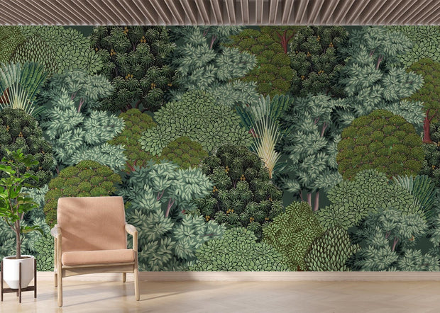 Lush jungle wall mural featuring dense green foliage, exotic plants, and a rainforest-inspired botanical design, styled in a modern bedroom.