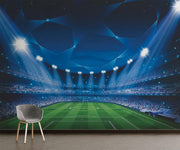 Stadium-themed soccer wall mural with night lighting, green field and vibrant crowd; decorating living room.