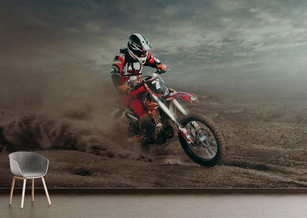 Wall mural featuring a dirt bike racer in mid-action on a desert track, surrounded by dust and rugged terrain.