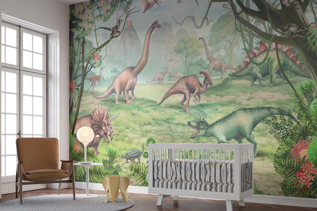 Jurassic Dinosaur Wall Mural – Realistic Prehistoric Scene with Brachiosaurus, Triceratops, and Velociraptors in a Lush Green Landscape for Kids' Rooms.