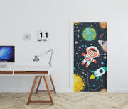 Space-themed door mural featuring a cute astronaut, rocket ship, planets, and stars – perfect for kids' bedrooms and playrooms.