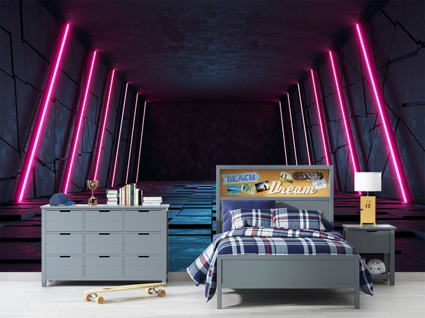 Futuristic Neon Tunnel Wall Mural – 3D Cyberpunk-Inspired Wallpaper with Pink Neon Lights, Geometric Paneling, and Sci-Fi Aesthetic for Gaming and Modern Interiors.