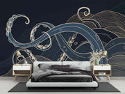 Modern octopus tentacles wall mural with bold navy and cream tones, featuring abstract ocean wave patterns on a dark background.