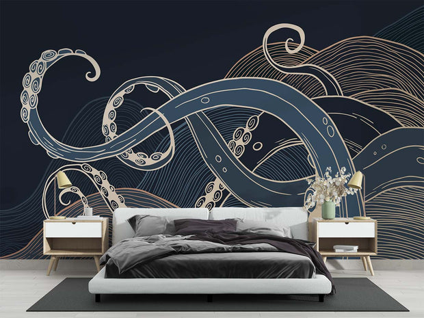 Modern octopus tentacles wall mural with bold navy and cream tones, featuring abstract ocean wave patterns on a dark background.