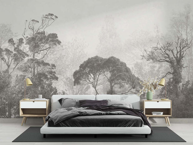 Grayscale misty forest wall mural featuring soft light filtering through trees, creating a serene and tranquil atmosphere for modern and minimalist interiors.