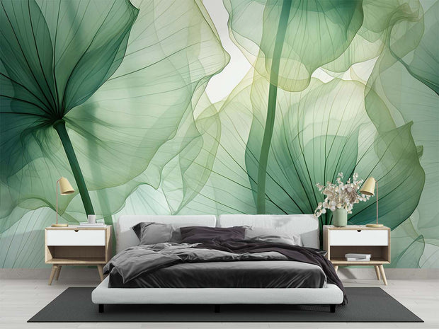 Ethereal Green Leaf Wall Mural – Nature-Inspired Botanical Wallpaper with Soft Translucent Leaves in Calming Green Hues.