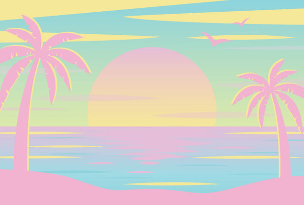 Pastel tropical sunset wall mural with pink palm trees, a yellow sun, and a serene beach scene in soft pastel tones.