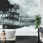 Fishing boat on beach wall mural image 2