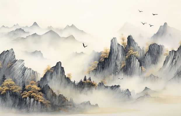 Tranquil Peaks Wall Mural with misty watercolour mountains and golden foliage. 