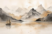 Watercolor Beige Mountain Wall Mural – Hand-Painted Landscape Wallpaper with Misty Peaks, a Sailing Boat, and Soft Earthy Tones for Elegant Interiors.