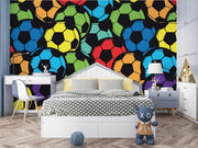 Bright multicolor soccer ball wall mural, decorating kid's bedroom.