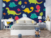 Colorful dinosaur wall mural with vibrant cartoon dinosaurs on a navy blue background, decorating kid's bedroom.