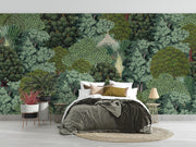 Lush jungle wall mural featuring dense green foliage, exotic plants, and a rainforest-inspired botanical design, styled in a modern bedroom.